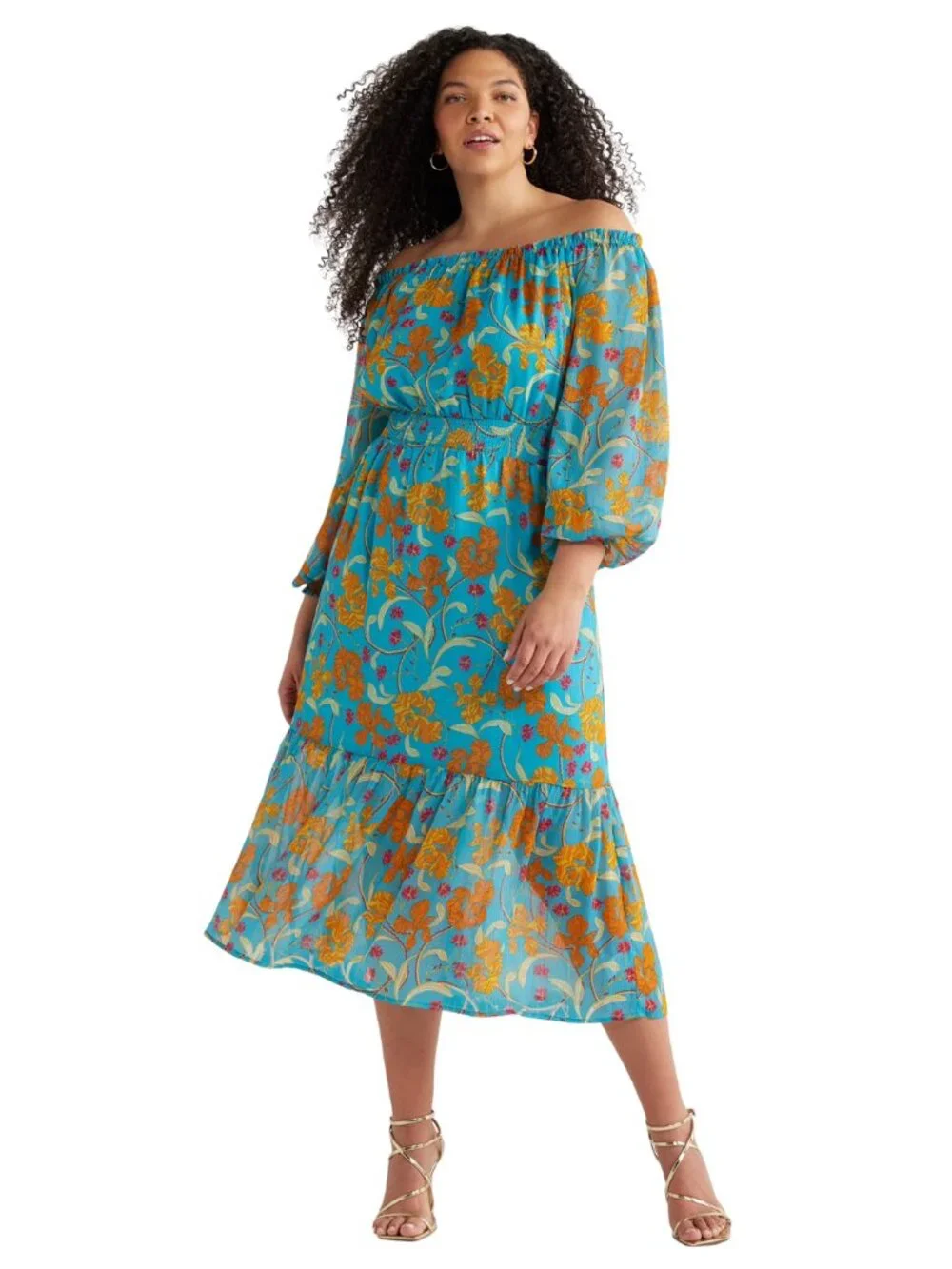 NWT Sofia Vergara 2-Way Off Shoulder Midi Dress Caneel Bay L Smocked